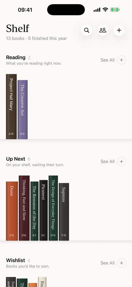 Shelf screen: The library: four shelves, books spine out
