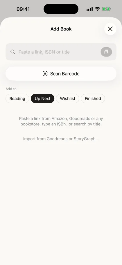 Shelf screen: Add Book: scan, paste a link or search
