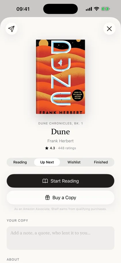 Shelf screen: A book’s page: Dune