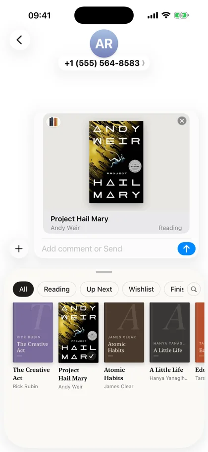 Shelf screen: iMessage: a book in the message field