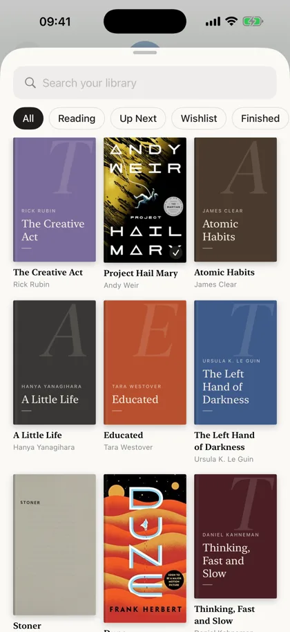Shelf screen: iMessage: the whole library, with search