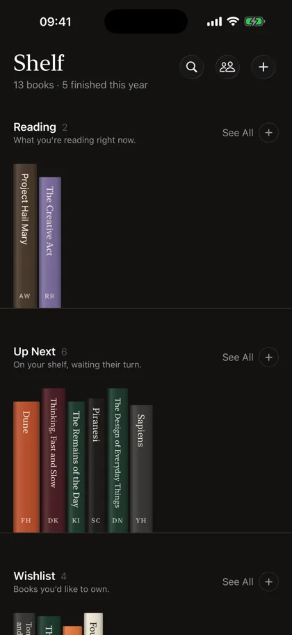 Shelf screen: The library in dark mode