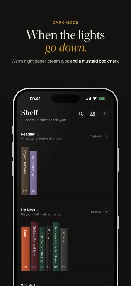 Shelf App Store screenshot: When the lights go down.